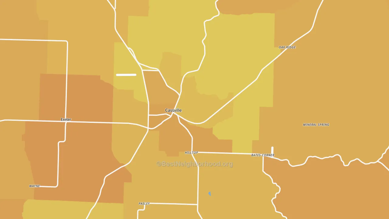 Map of the best neighborhoods in the 65625 area, with better matches in green and worse matches in red