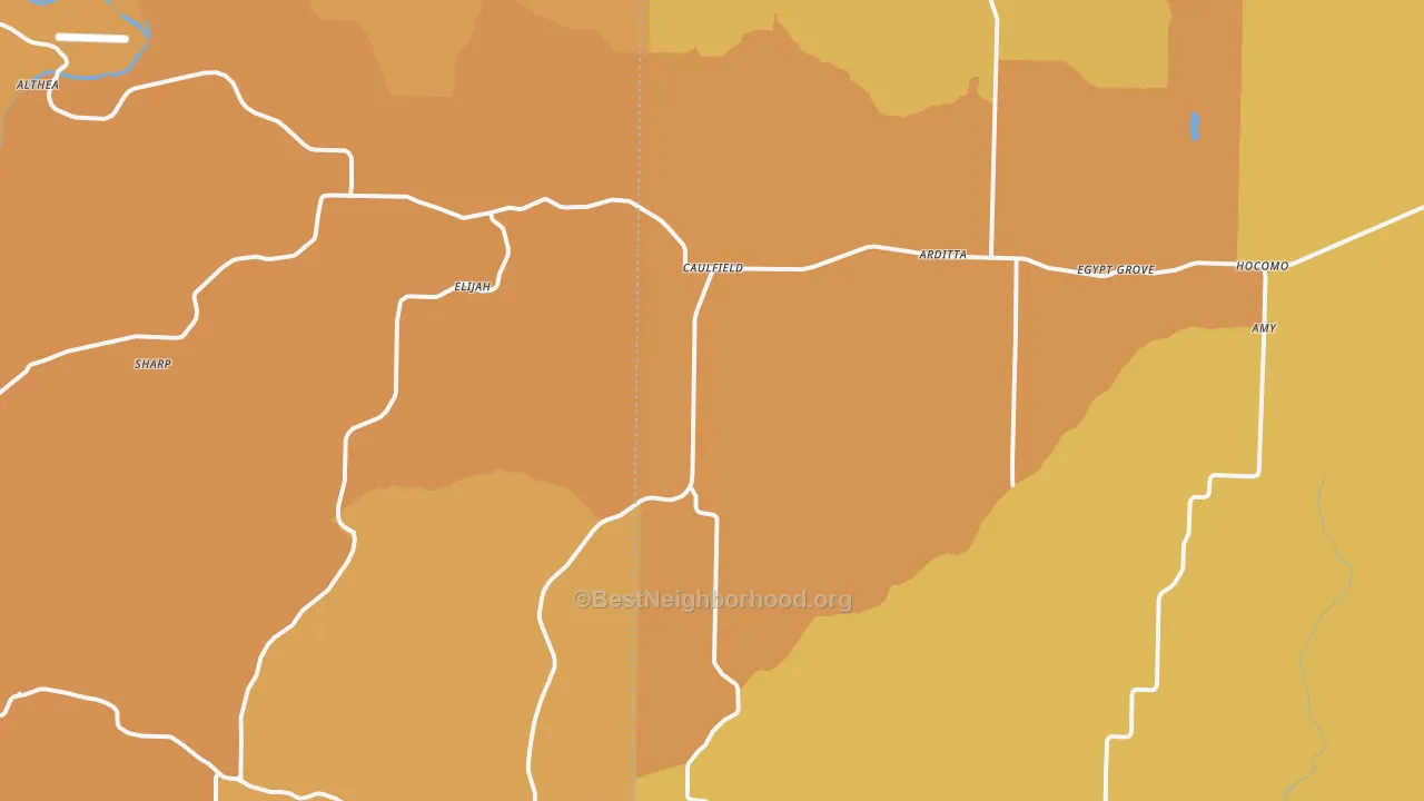 Map of the best neighborhoods in the 65626 area, with better matches in green and worse matches in red