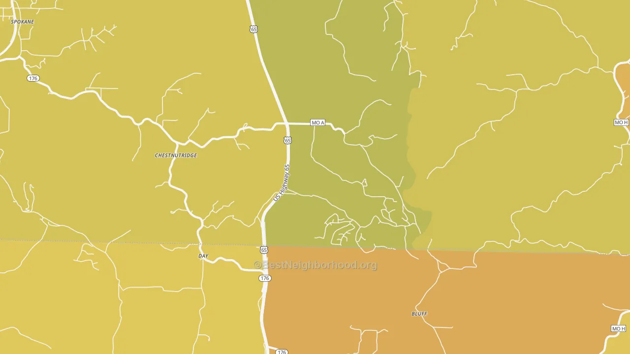 Map of the best neighborhoods in the 65630 area, with better matches in green and worse matches in red