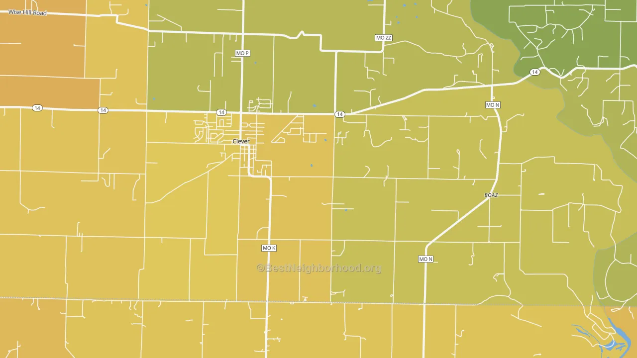 Map of the best neighborhoods in the 65631 area, with better matches in green and worse matches in red