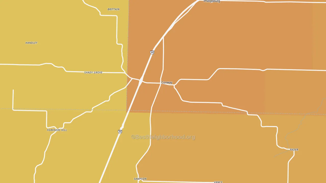 Map of the best neighborhoods in the 65632 area, with better matches in green and worse matches in red