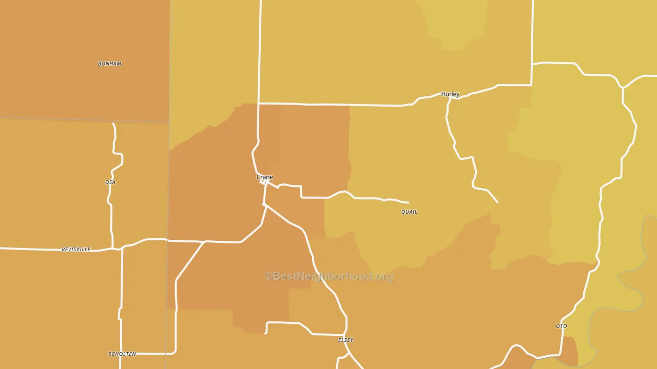 Map of the best neighborhoods in the 65633 area, with better matches in green and worse matches in red