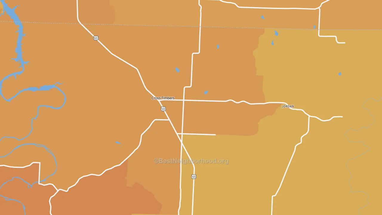 Map of the best neighborhoods in the 65634 area, with better matches in green and worse matches in red