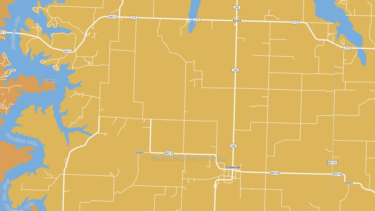 Map of the best neighborhoods in the 65635 area, with better matches in green and worse matches in red