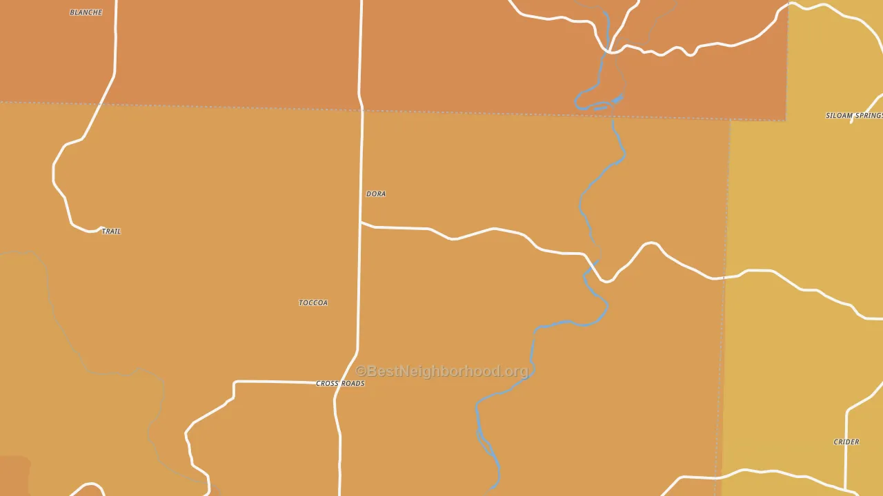 Map of the best neighborhoods in the 65637 area, with better matches in green and worse matches in red