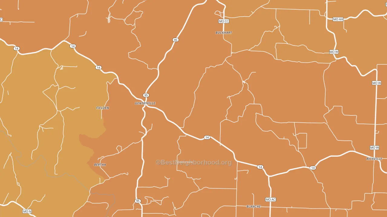 Map of the best neighborhoods in the 65638 area, with better matches in green and worse matches in red