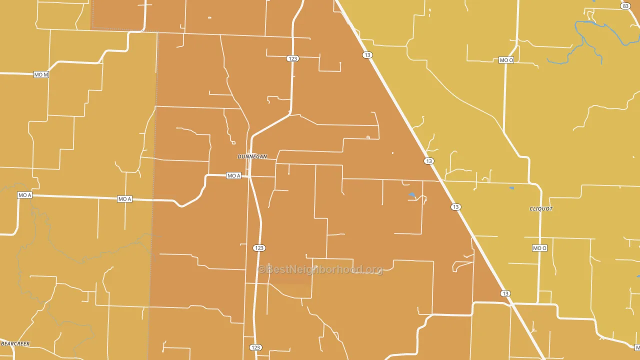 Map of the best neighborhoods in the 65640 area, with better matches in green and worse matches in red