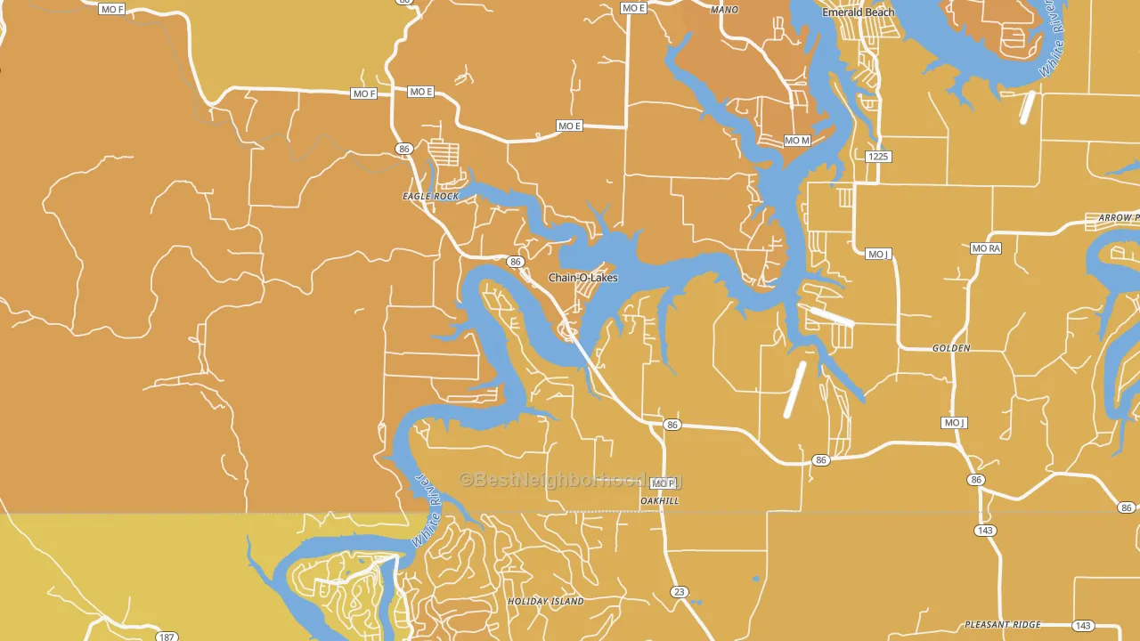 Map of the best neighborhoods in the 65641 area, with better matches in green and worse matches in red