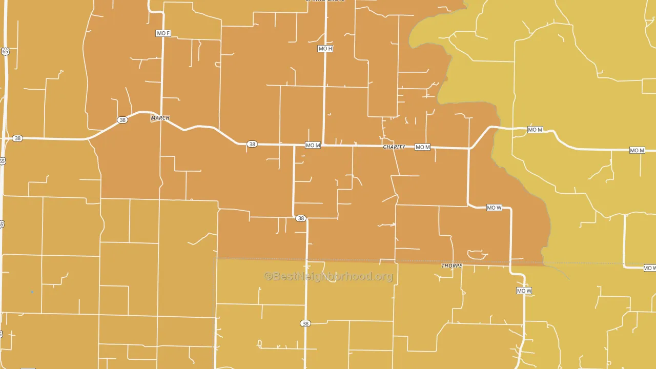 Map of the best neighborhoods in the 65644 area, with better matches in green and worse matches in red