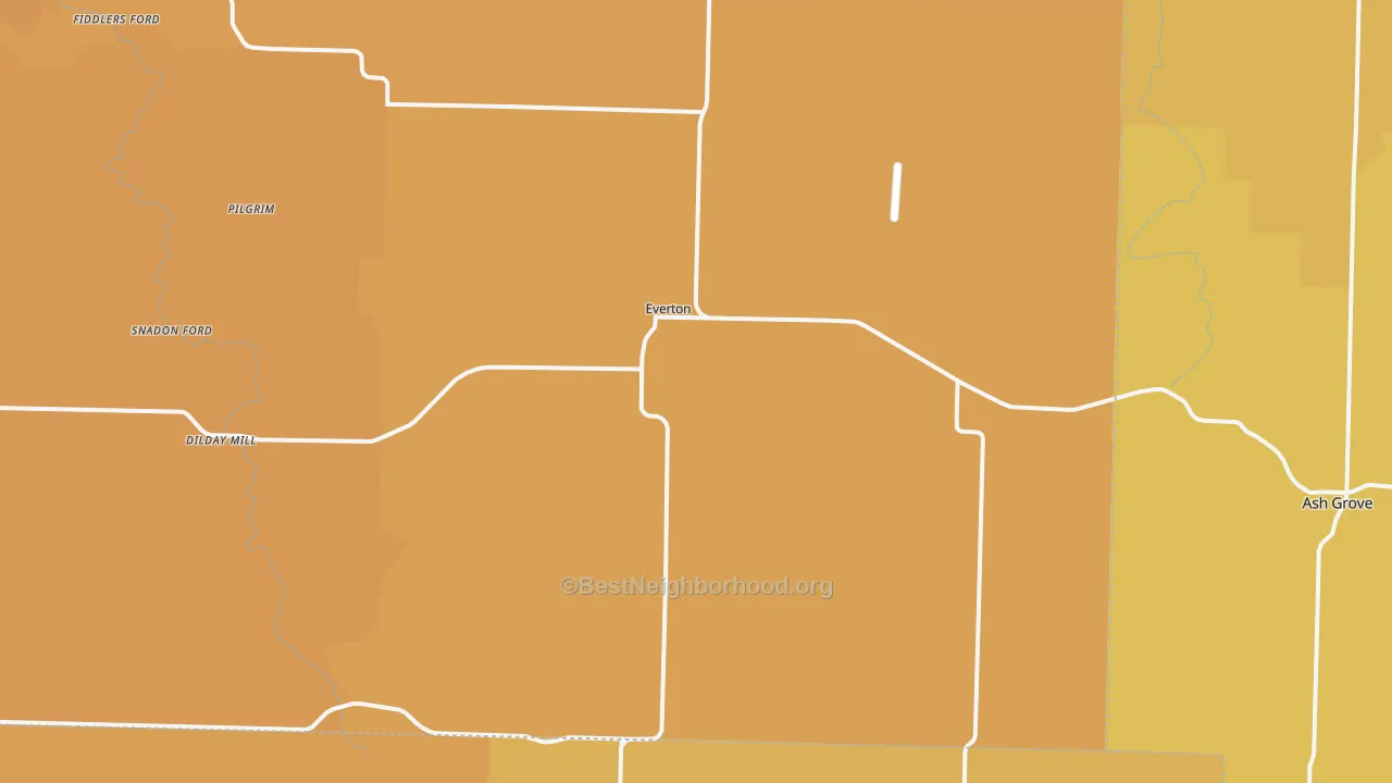 Map of the best neighborhoods in the 65646 area, with better matches in green and worse matches in red