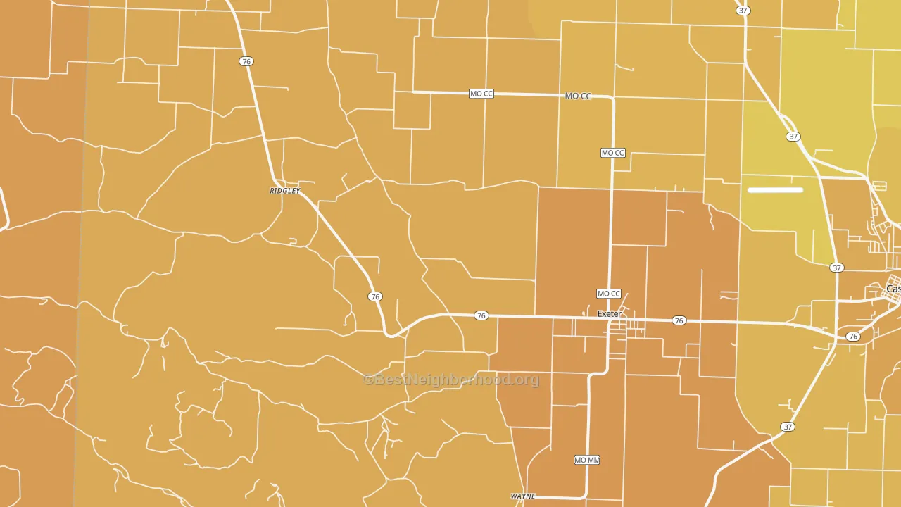 Map of the best neighborhoods in the 65647 area, with better matches in green and worse matches in red