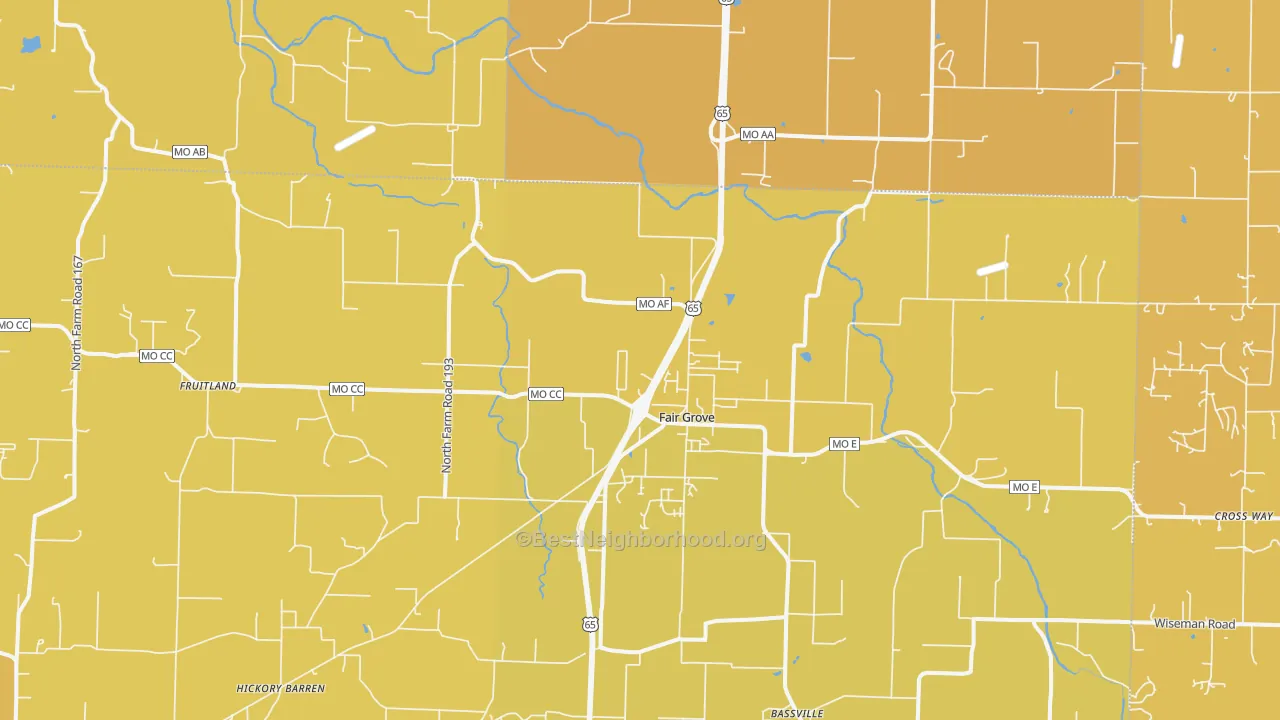 Map of the best neighborhoods in the 65648 area, with better matches in green and worse matches in red