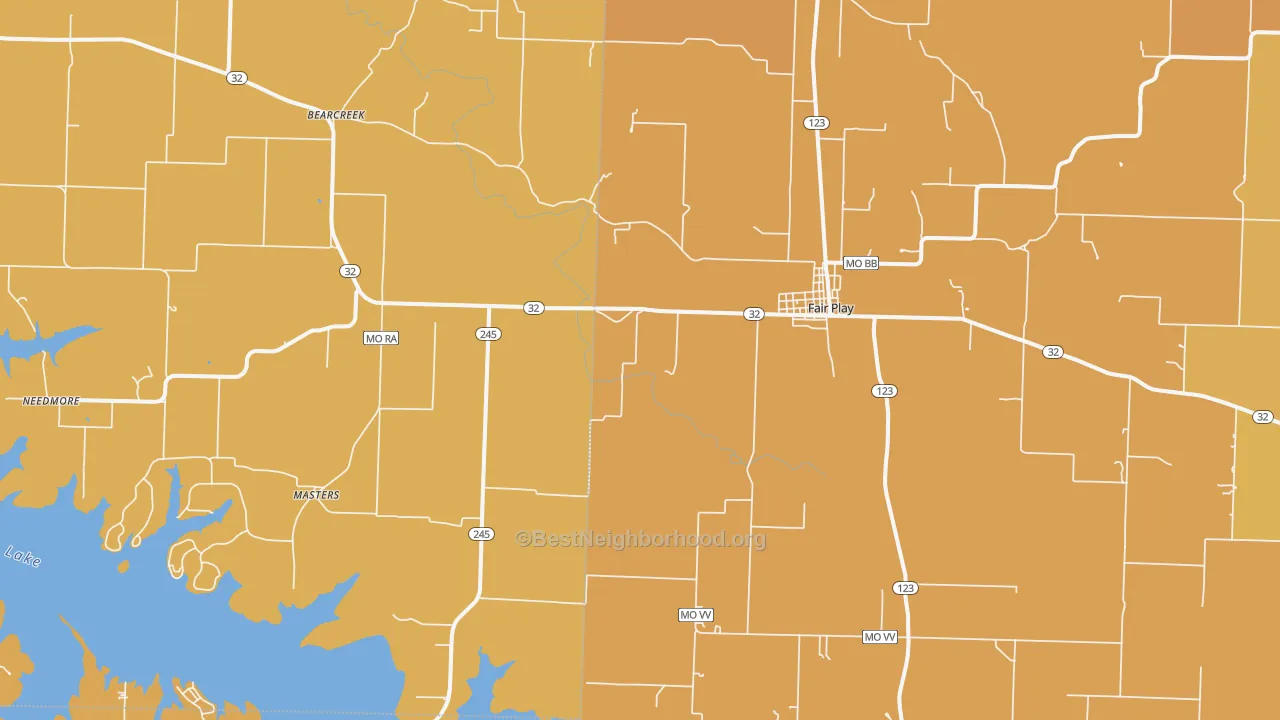 Map of the best neighborhoods in the 65649 area, with better matches in green and worse matches in red