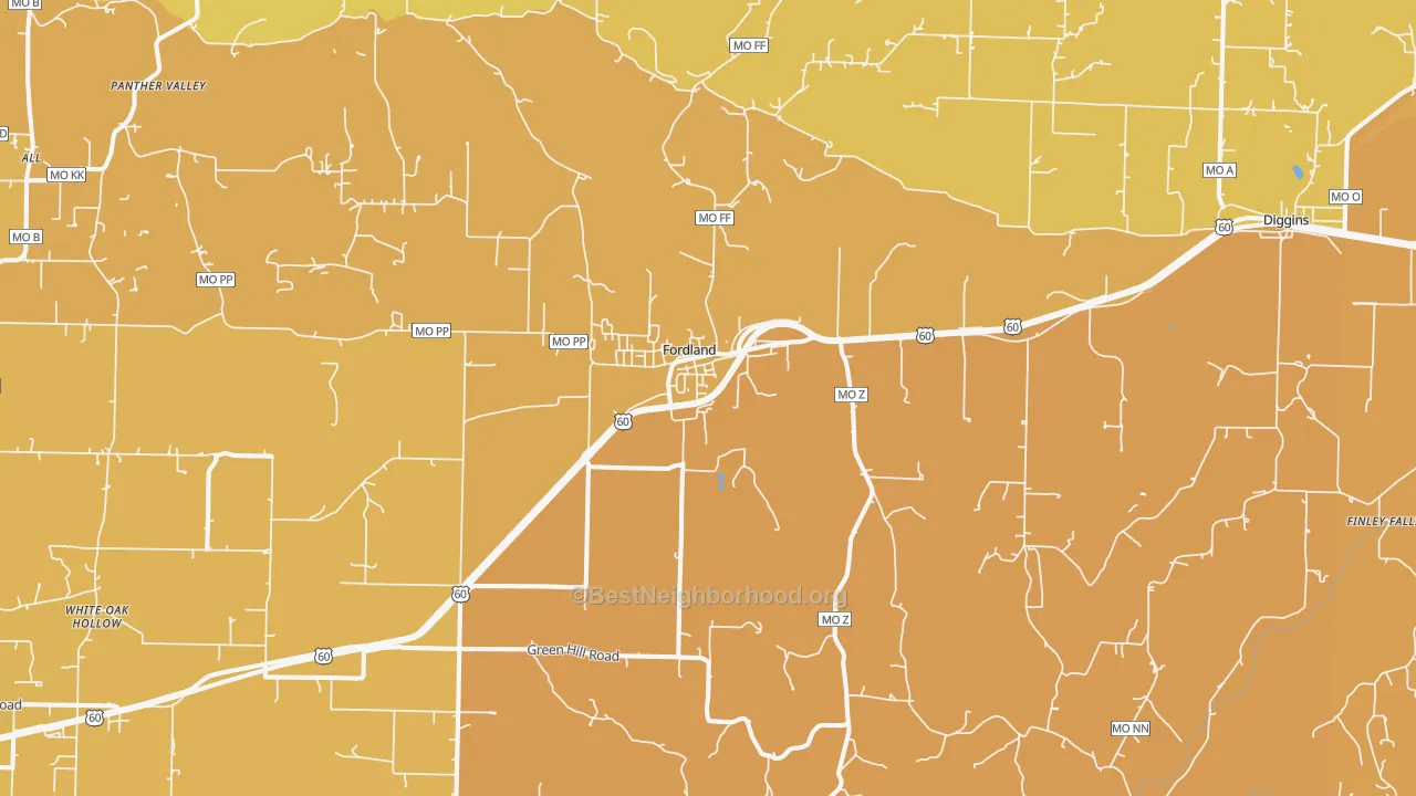Map of the best neighborhoods in the 65652 area, with better matches in green and worse matches in red