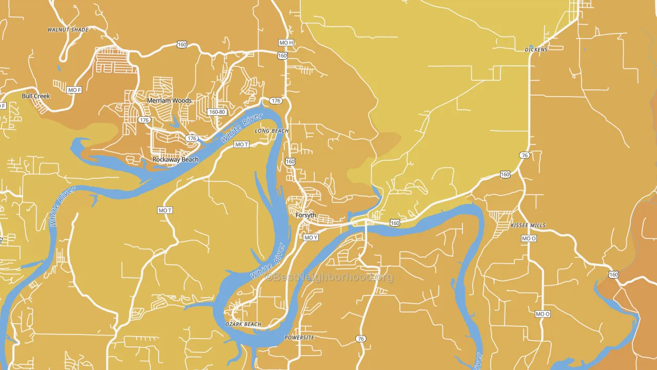 Map of the best neighborhoods in the 65653 area, with better matches in green and worse matches in red