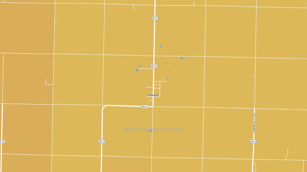 Map of the best neighborhoods in the 65654 area, with better matches in green and worse matches in red