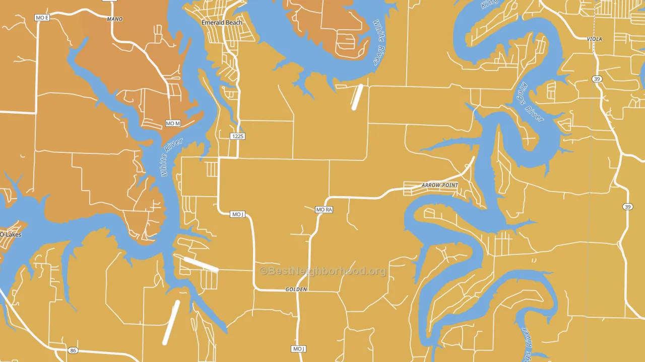 Map of the best neighborhoods in the 65658 area, with better matches in green and worse matches in red