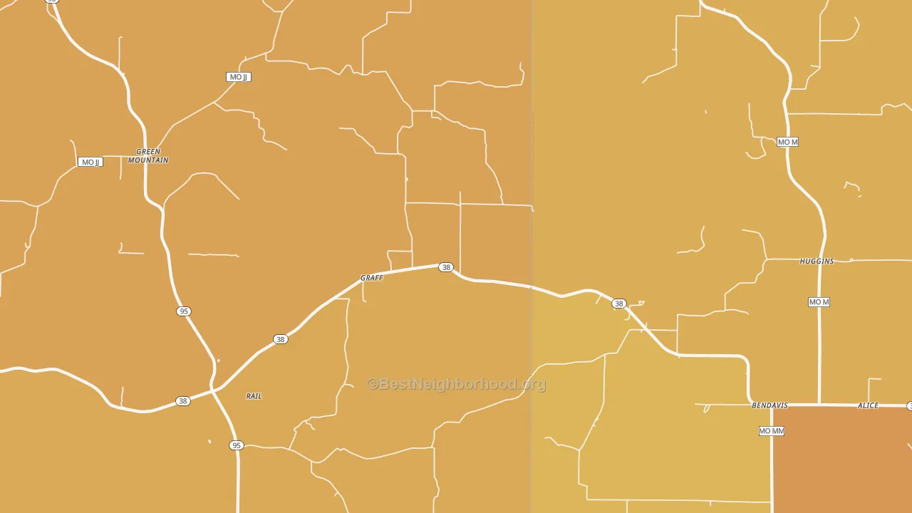 Map of the best neighborhoods in the 65660 area, with better matches in green and worse matches in red