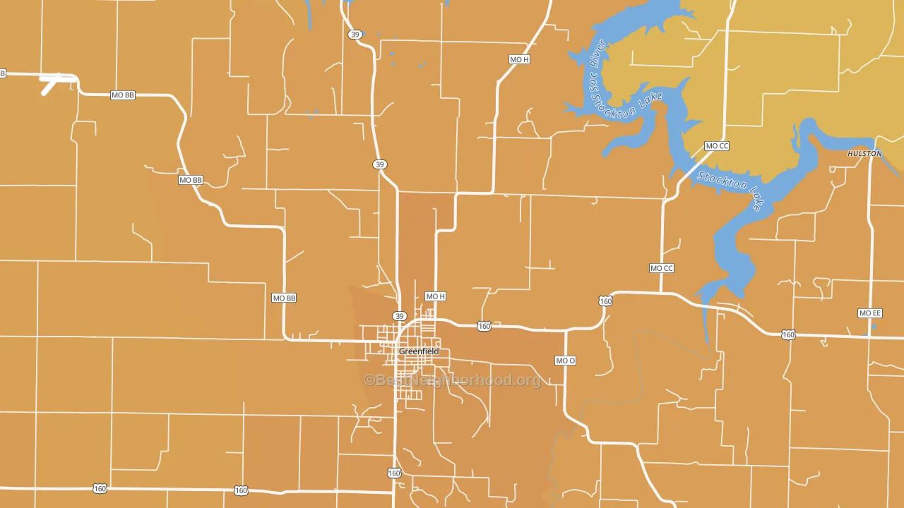 Map of the best neighborhoods in the 65661 area, with better matches in green and worse matches in red