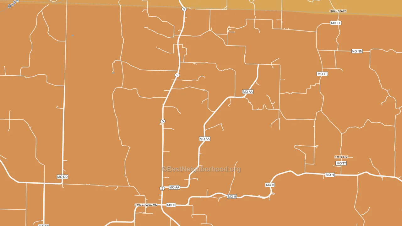 Map of the best neighborhoods in the 65662 area, with better matches in green and worse matches in red