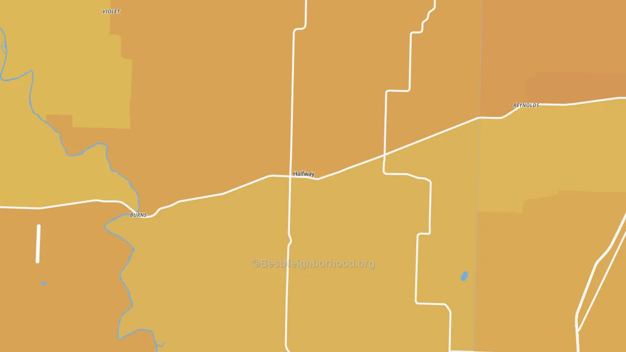 Map of the best neighborhoods in the 65663 area, with better matches in green and worse matches in red
