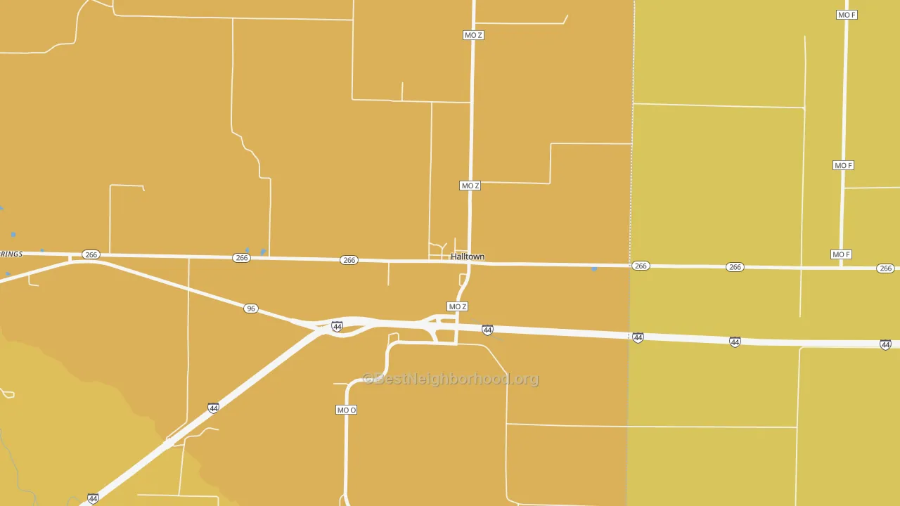 Map of the best neighborhoods in the 65664 area, with better matches in green and worse matches in red