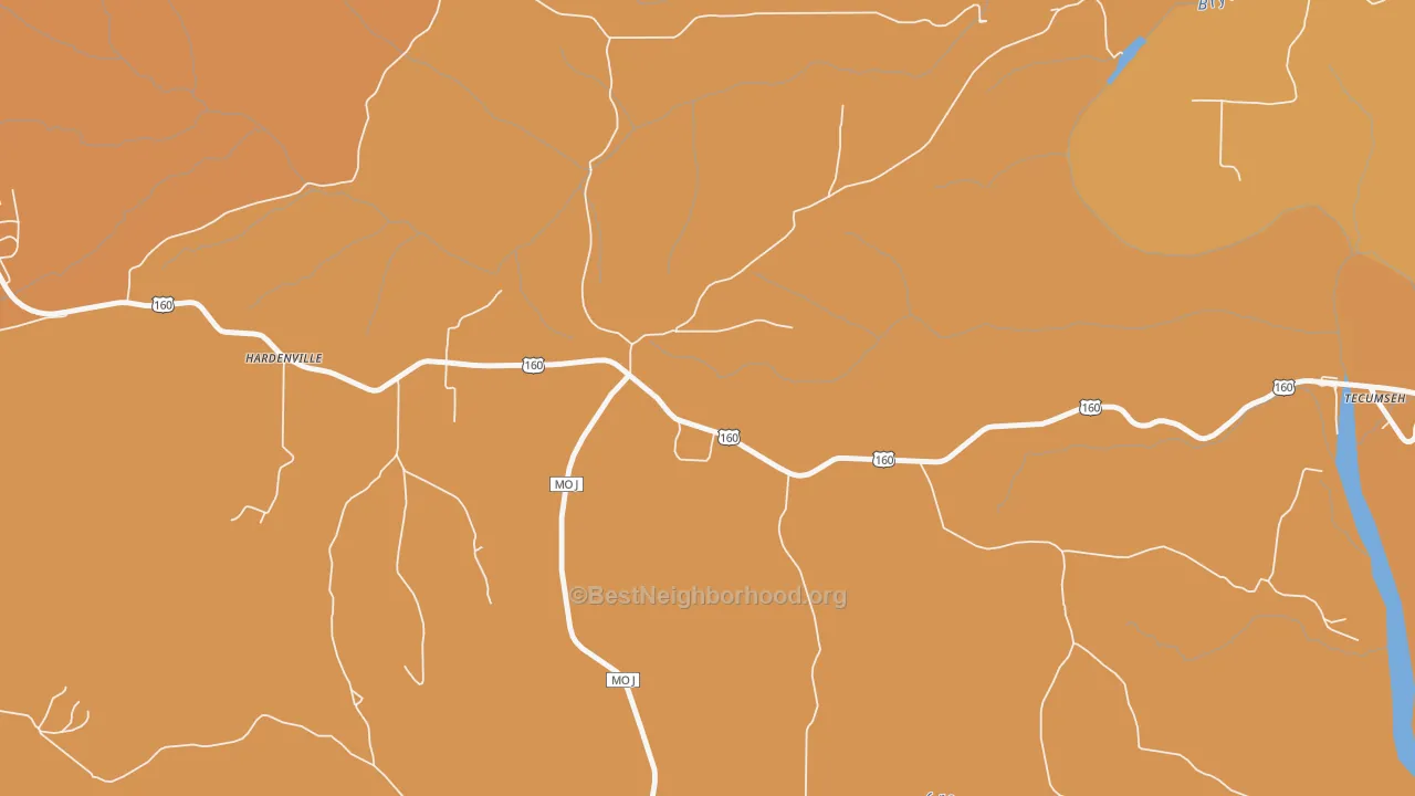 Map of the best neighborhoods in the 65666 area, with better matches in green and worse matches in red