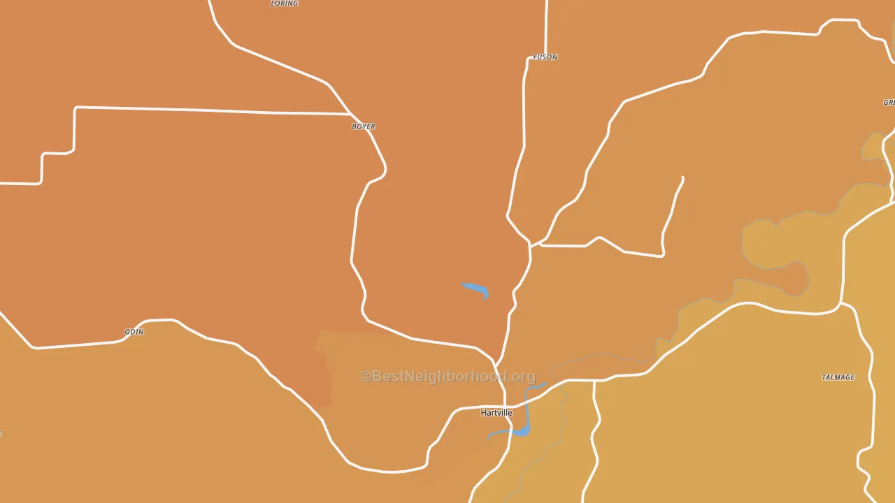Map of the best neighborhoods in the 65667 area, with better matches in green and worse matches in red