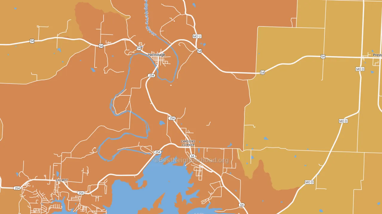 Map of the best neighborhoods in the 65668 area, with better matches in green and worse matches in red