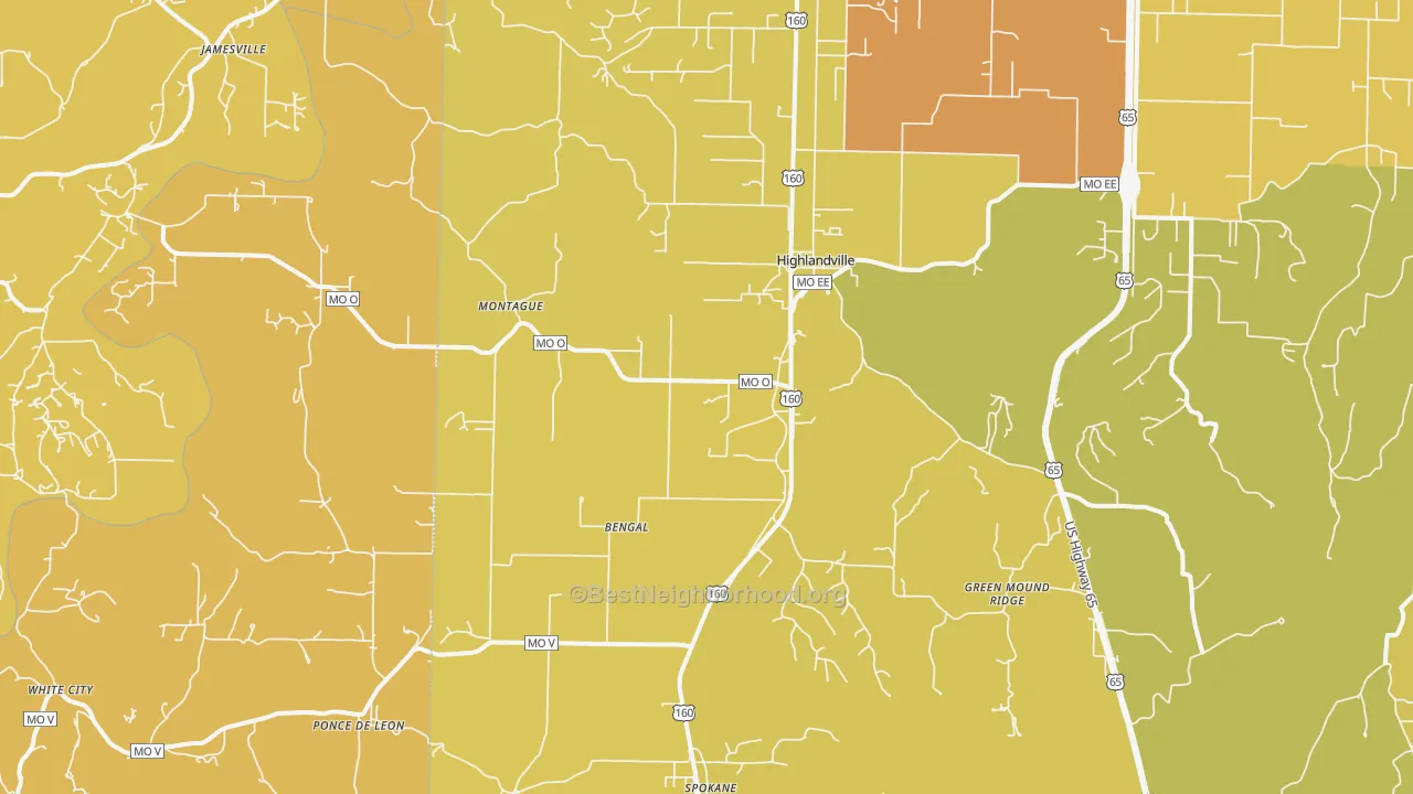 Map of the best neighborhoods in the 65669 area, with better matches in green and worse matches in red