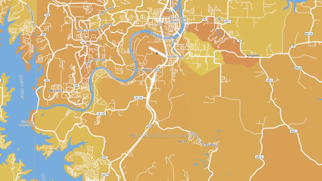 Map of the best neighborhoods in the 65672 area, with better matches in green and worse matches in red