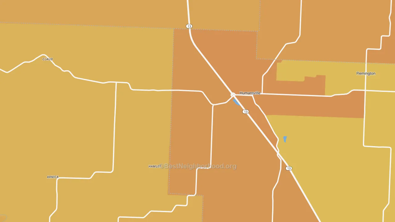 Map of the best neighborhoods in the 65674 area, with better matches in green and worse matches in red