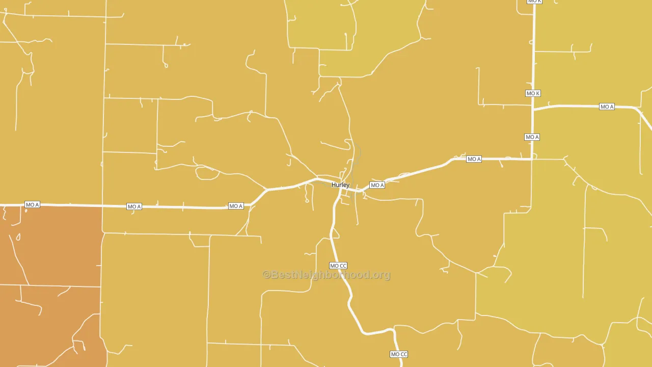 Map of the best neighborhoods in the 65675 area, with better matches in green and worse matches in red