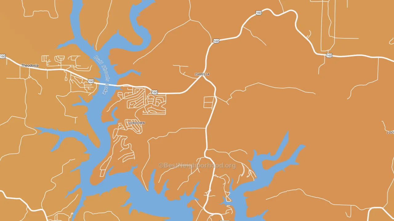 Map of the best neighborhoods in the 65676 area, with better matches in green and worse matches in red