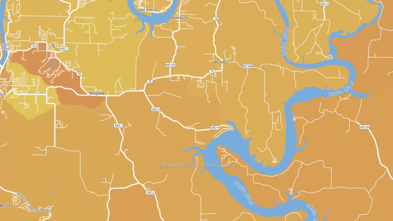 Map of the best neighborhoods in the 65679 area, with better matches in green and worse matches in red