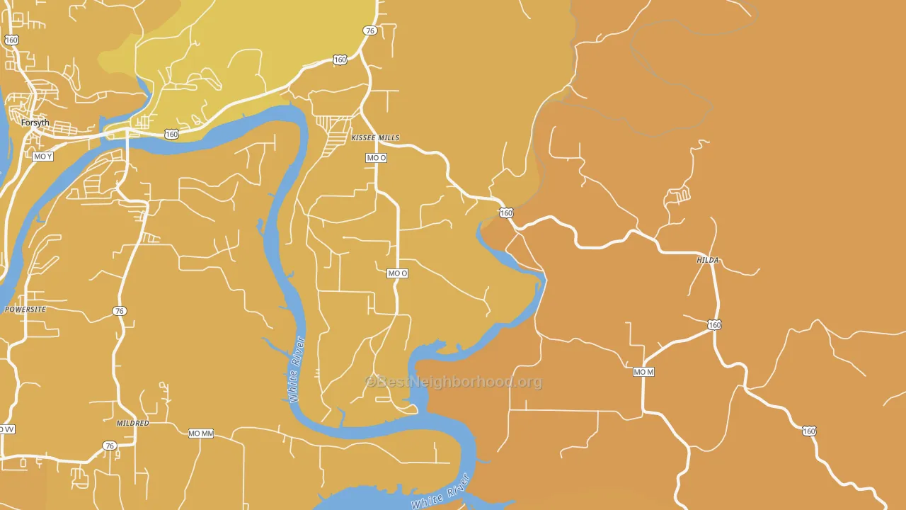 Map of the best neighborhoods in the 65680 area, with better matches in green and worse matches in red