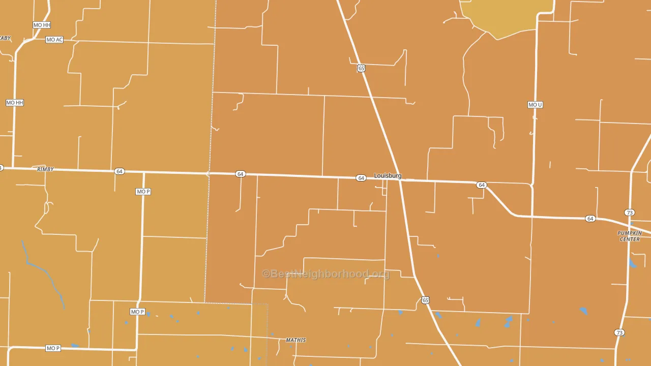 Map of the best neighborhoods in the 65685 area, with better matches in green and worse matches in red
