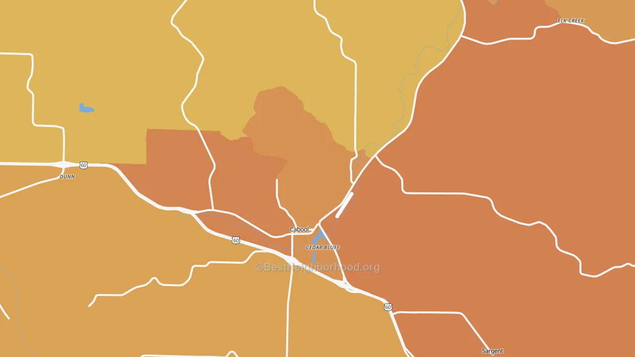 Map of the best neighborhoods in the 65689 area, with better matches in green and worse matches in red