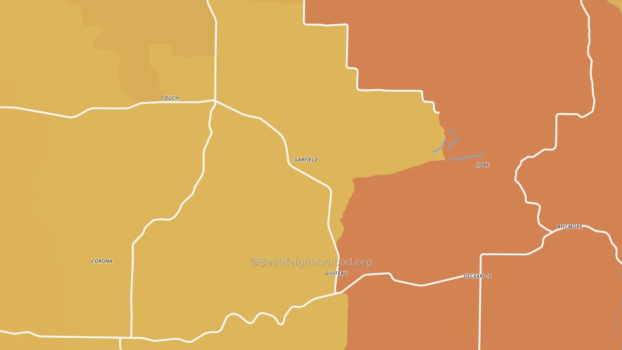 Map of the best neighborhoods in the 65690 area, with better matches in green and worse matches in red