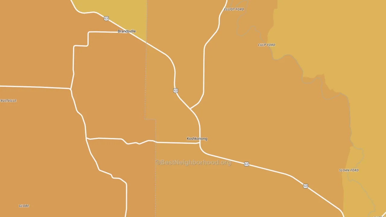 Map of the best neighborhoods in the 65692 area, with better matches in green and worse matches in red
