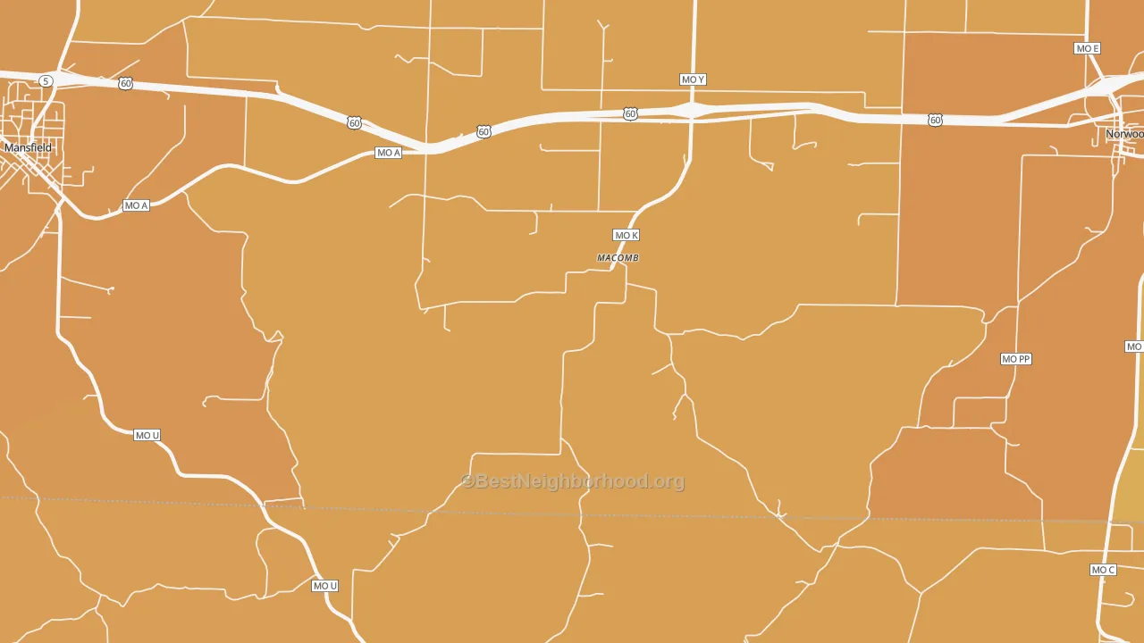 Map of the best neighborhoods in the 65702 area, with better matches in green and worse matches in red