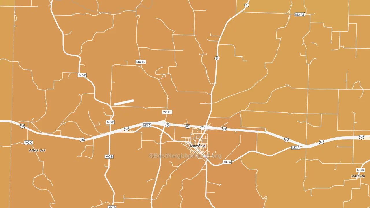 Map of the best neighborhoods in the 65704 area, with better matches in green and worse matches in red