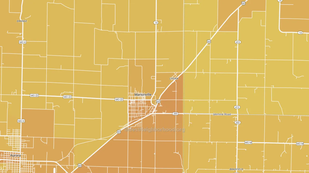 Map of the best neighborhoods in the 65705 area, with better matches in green and worse matches in red