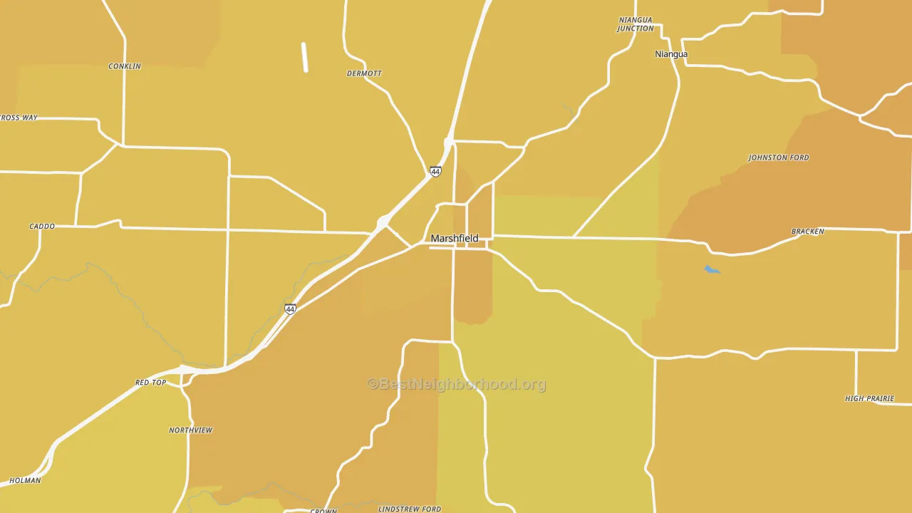 Map of the best neighborhoods in the 65706 area, with better matches in green and worse matches in red