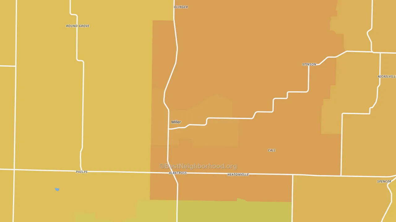Map of the best neighborhoods in the 65707 area, with better matches in green and worse matches in red