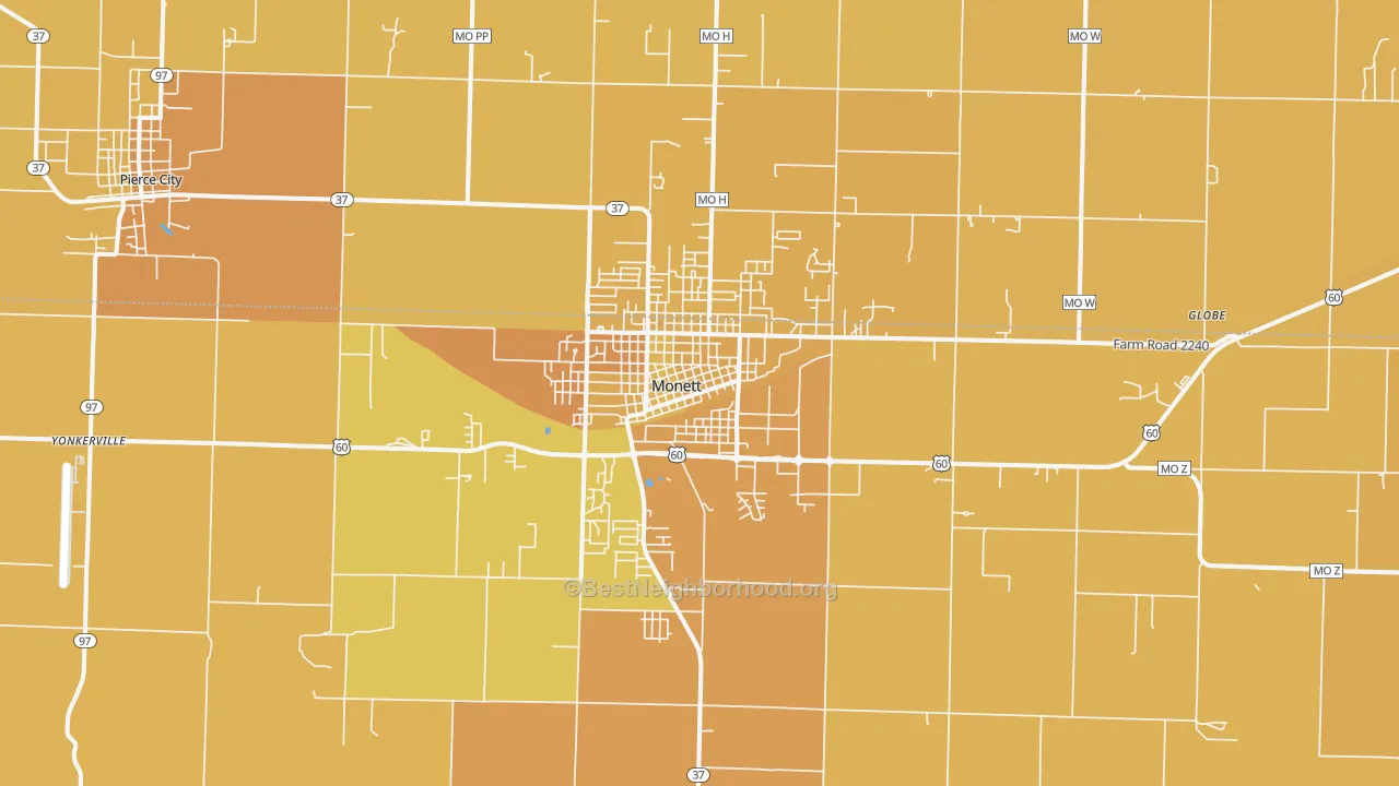 Map of the best neighborhoods in the 65708 area, with better matches in green and worse matches in red