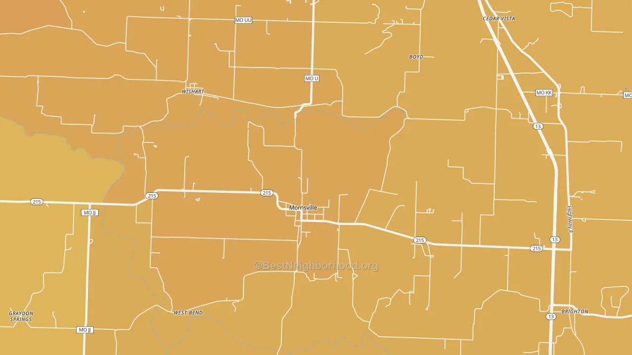 Map of the best neighborhoods in the 65710 area, with better matches in green and worse matches in red