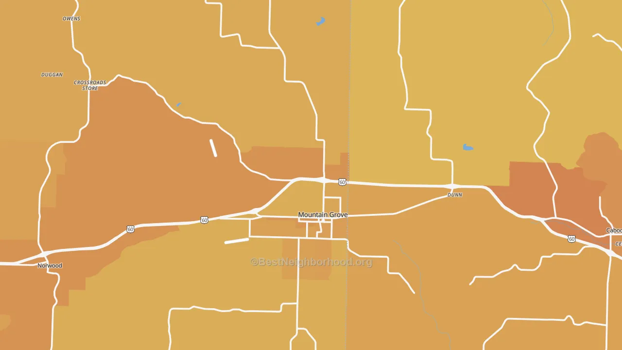 Map of the best neighborhoods in the 65711 area, with better matches in green and worse matches in red