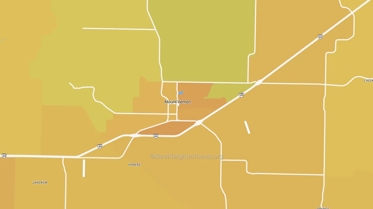 Map of the best neighborhoods in the 65712 area, with better matches in green and worse matches in red