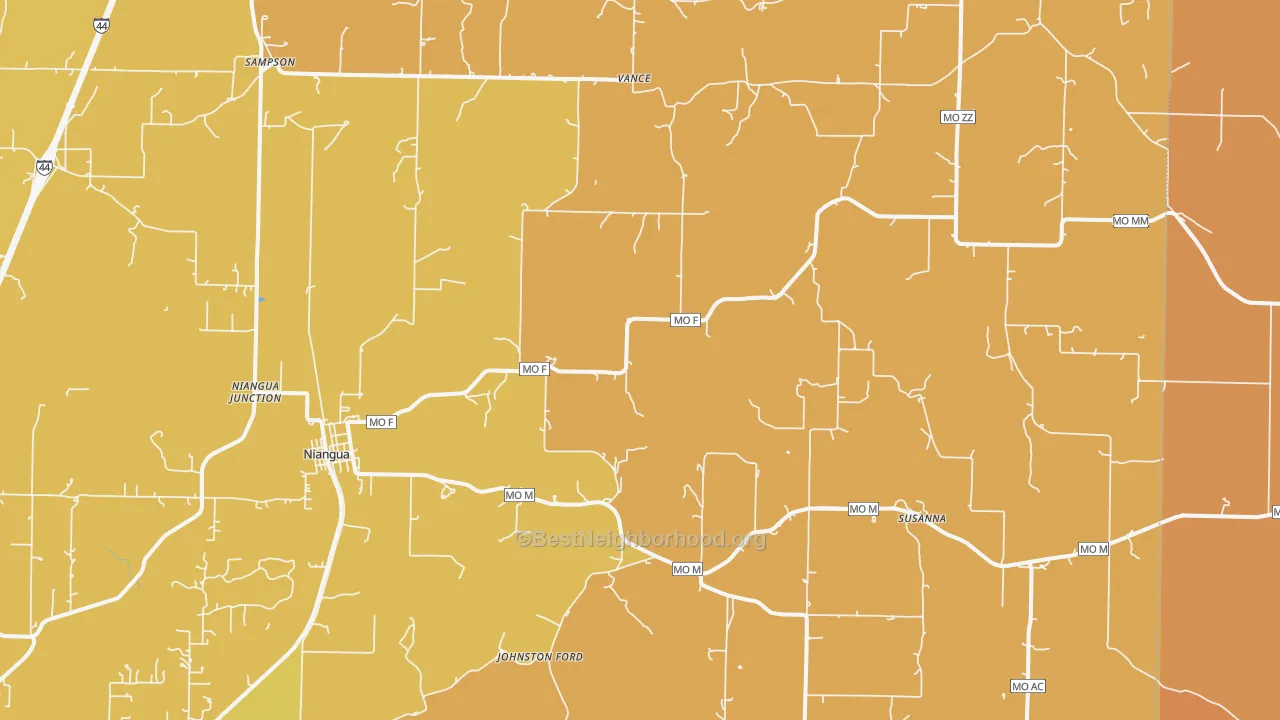 Map of the best neighborhoods in the 65713 area, with better matches in green and worse matches in red